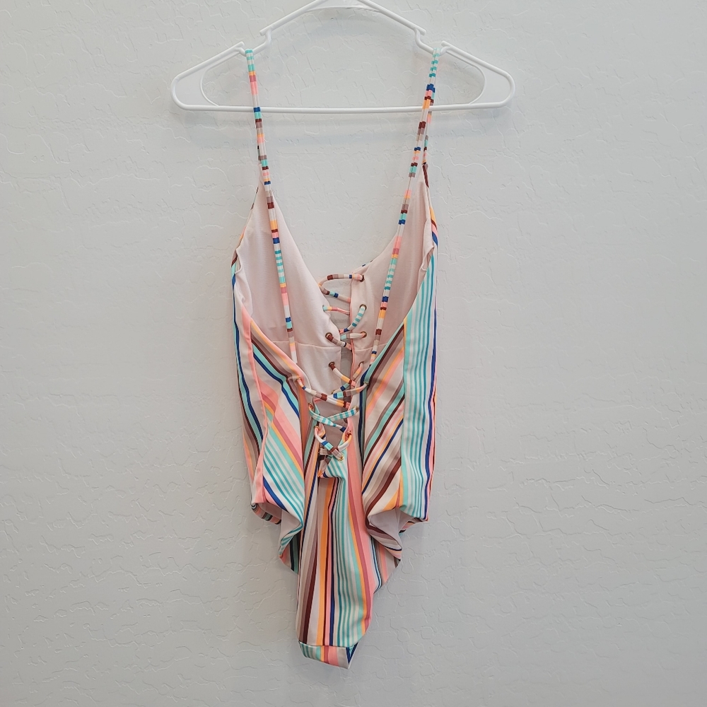 💕 No Boundaries Junior Sorbet Striped Lace Up One Piece Swimsuit Size Large - Picture 8 of 10